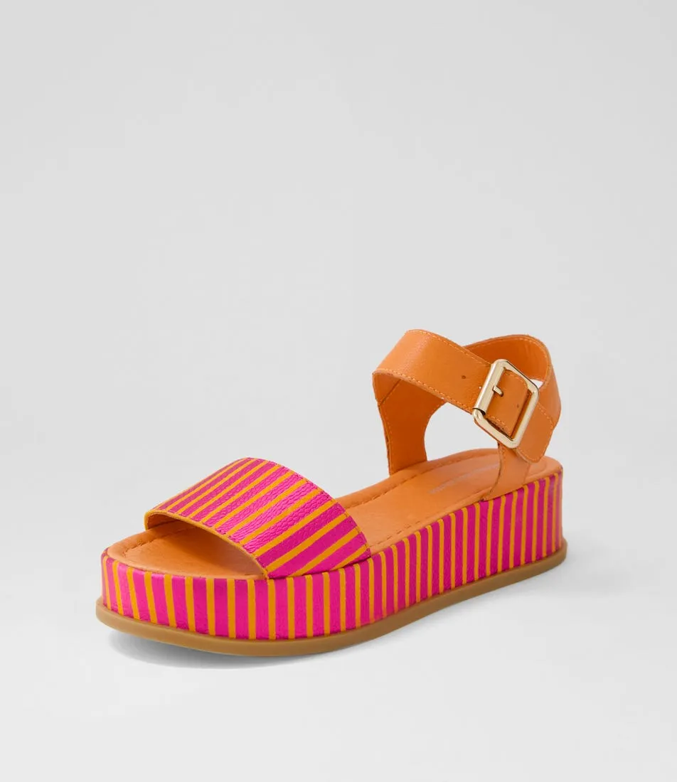 DJANGO & JULIETTE Wilburt Fuchsia Orange Stripe Leather Sandals