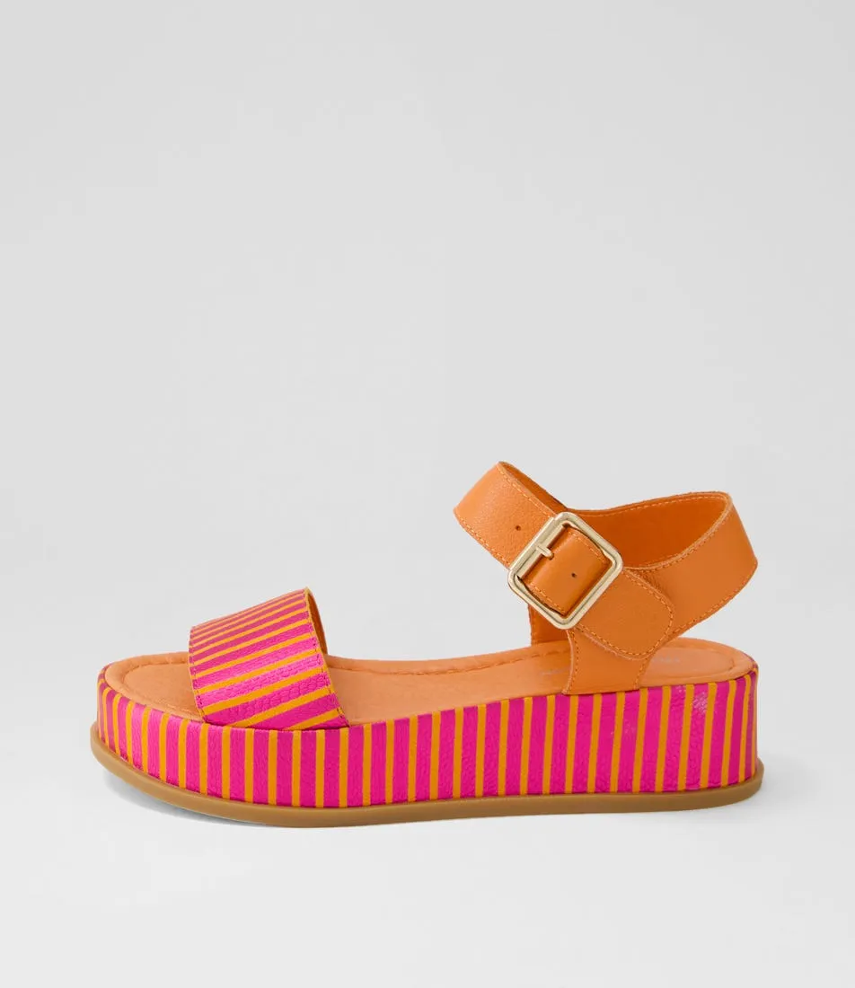 DJANGO & JULIETTE Wilburt Fuchsia Orange Stripe Leather Sandals