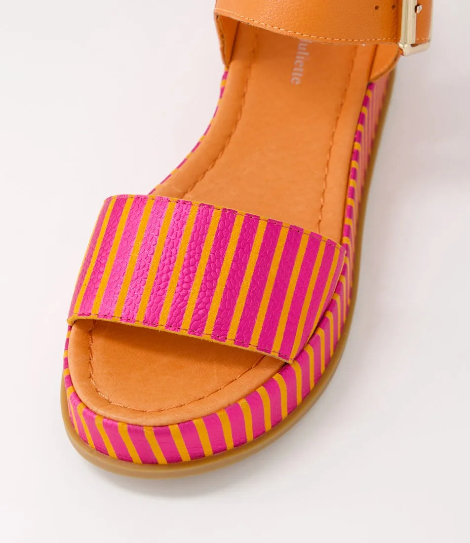 DJANGO & JULIETTE Wilburt Fuchsia Orange Stripe Leather Sandals