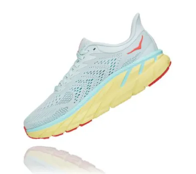 Hoka Womens Clifton 7 ***WIDE WIDTH*** – Morning Mist/ Hot Coral