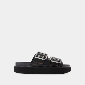 Wide Welt Chunky Sandals - Ganni -  Black - Leather