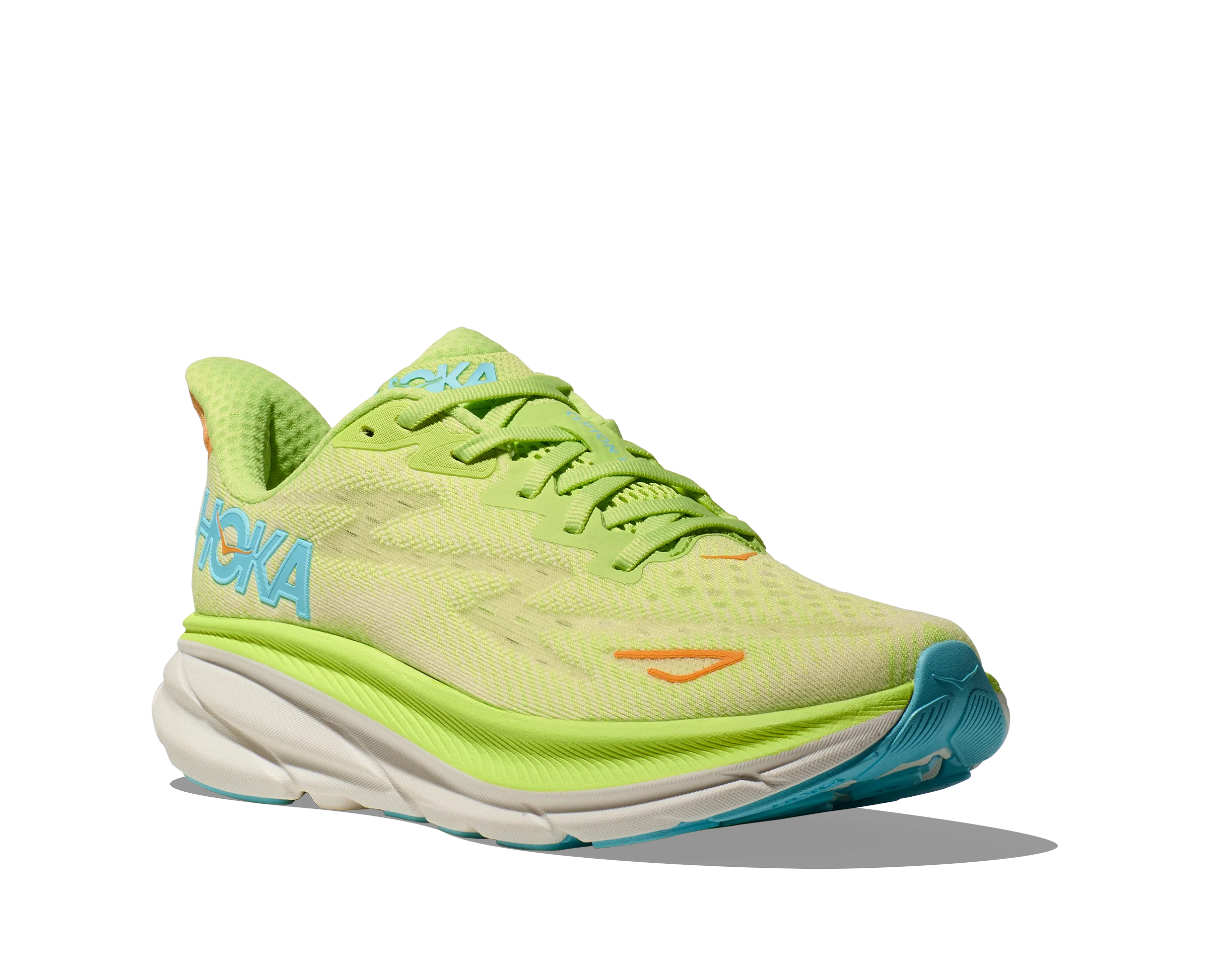 Women's Hoka Clifton 9 Color: Lettuce/ Solar Flare